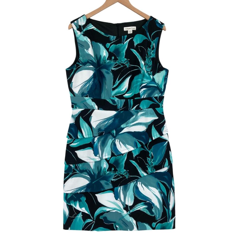 Coldwater Creek Sheath Dress Women Petite 16P Black Teal Floral Layered Back Zip